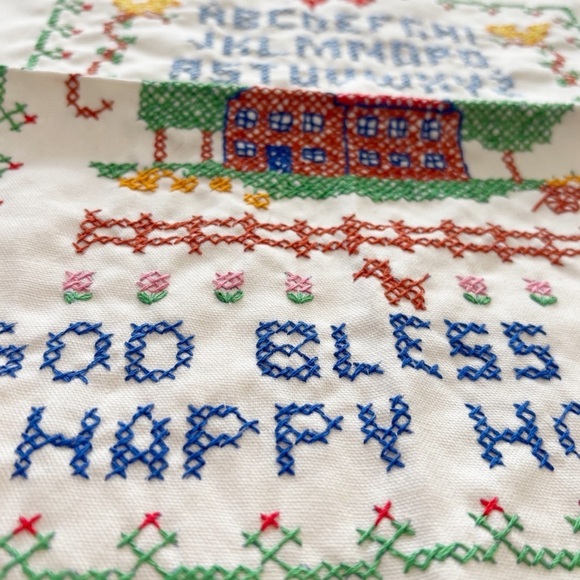 Vtg COUNTED CROSS STITCH Hand Made GOD BLESS OUR HAPPY HOME Finished 18” X 15” - Picture 3 of 6
